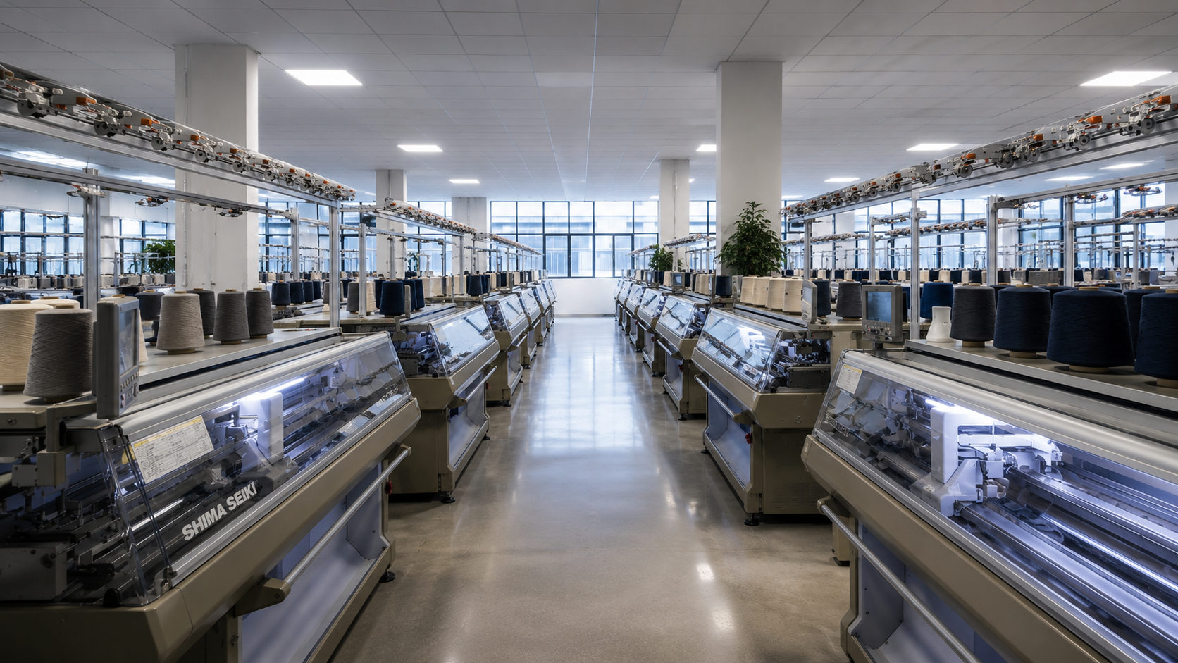 Industrial knitting machinery on the production floor