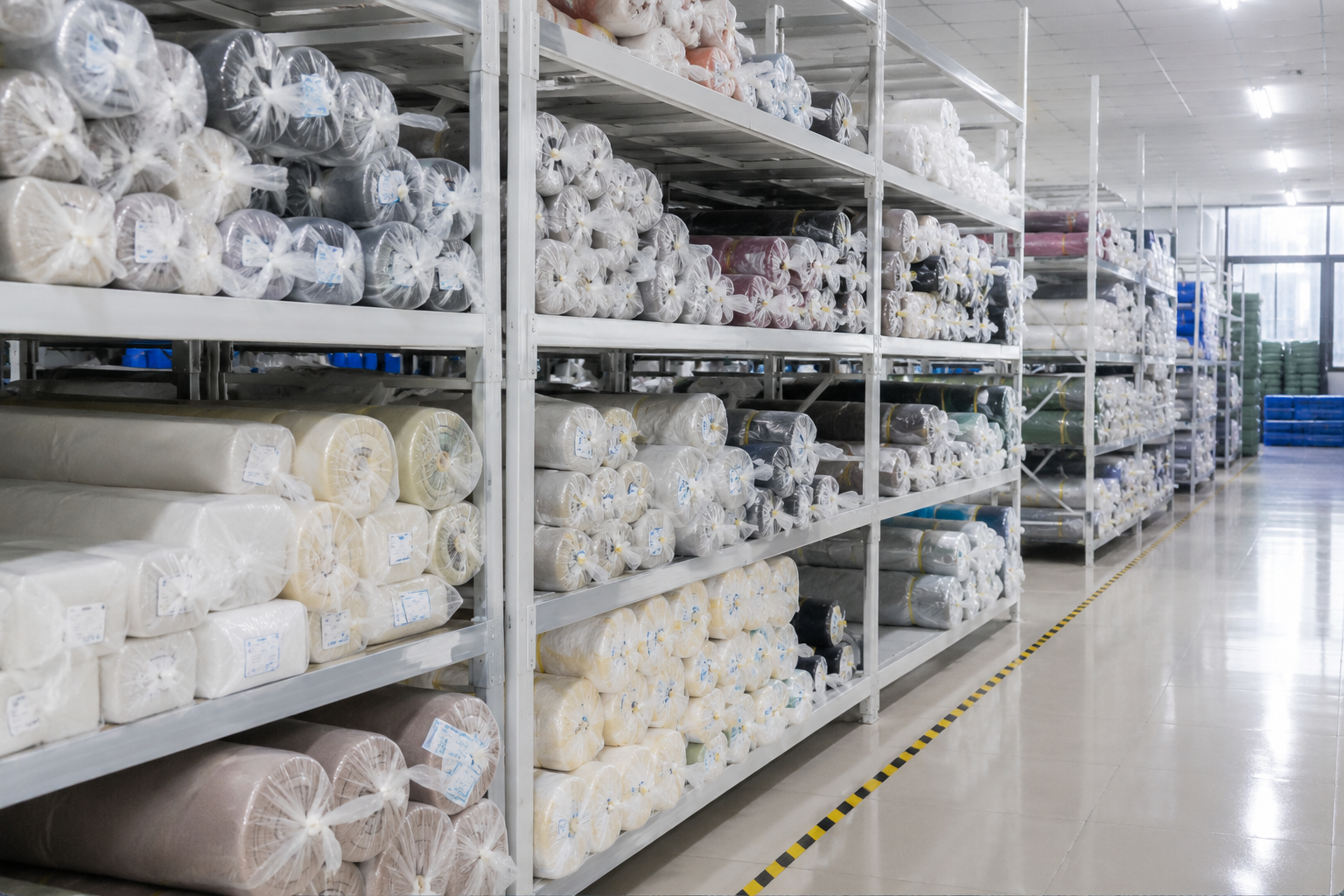 Fabric rolls in warehouse storage