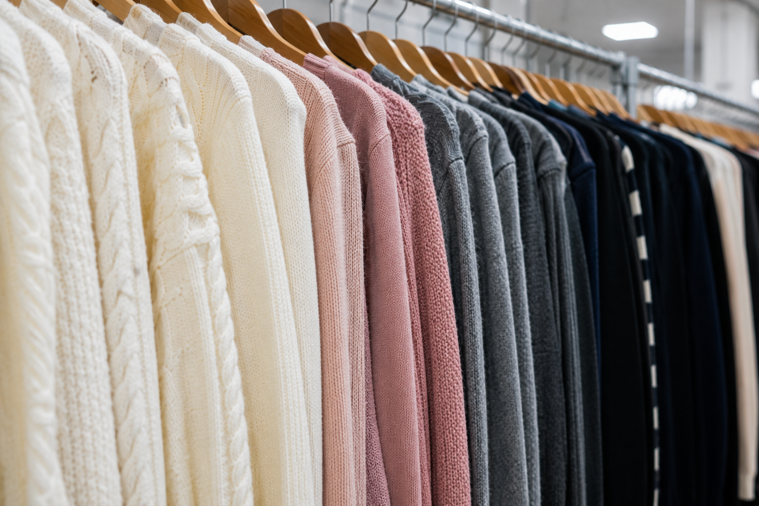 Finished knitwear garments on display rack